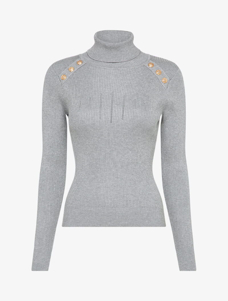 Pull côtelé à col roulé et boutons décoratifs - Gris clair - 4