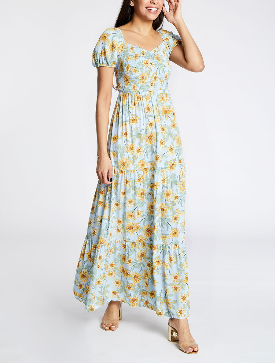 Robe longue élastiquée imprimé marguerite - Bleu ciel - 5