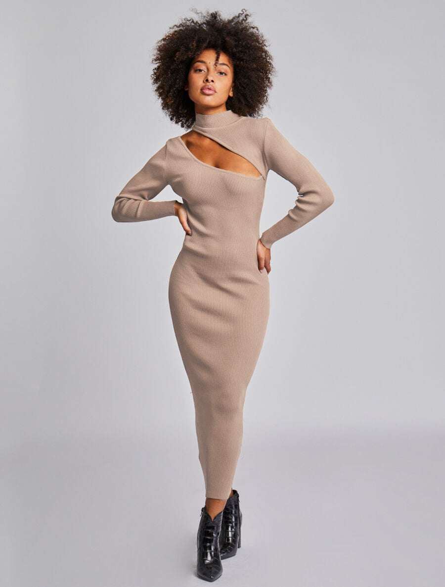 Robe pull côtelée et moulante à décolleté asymétrique - Beige - 4