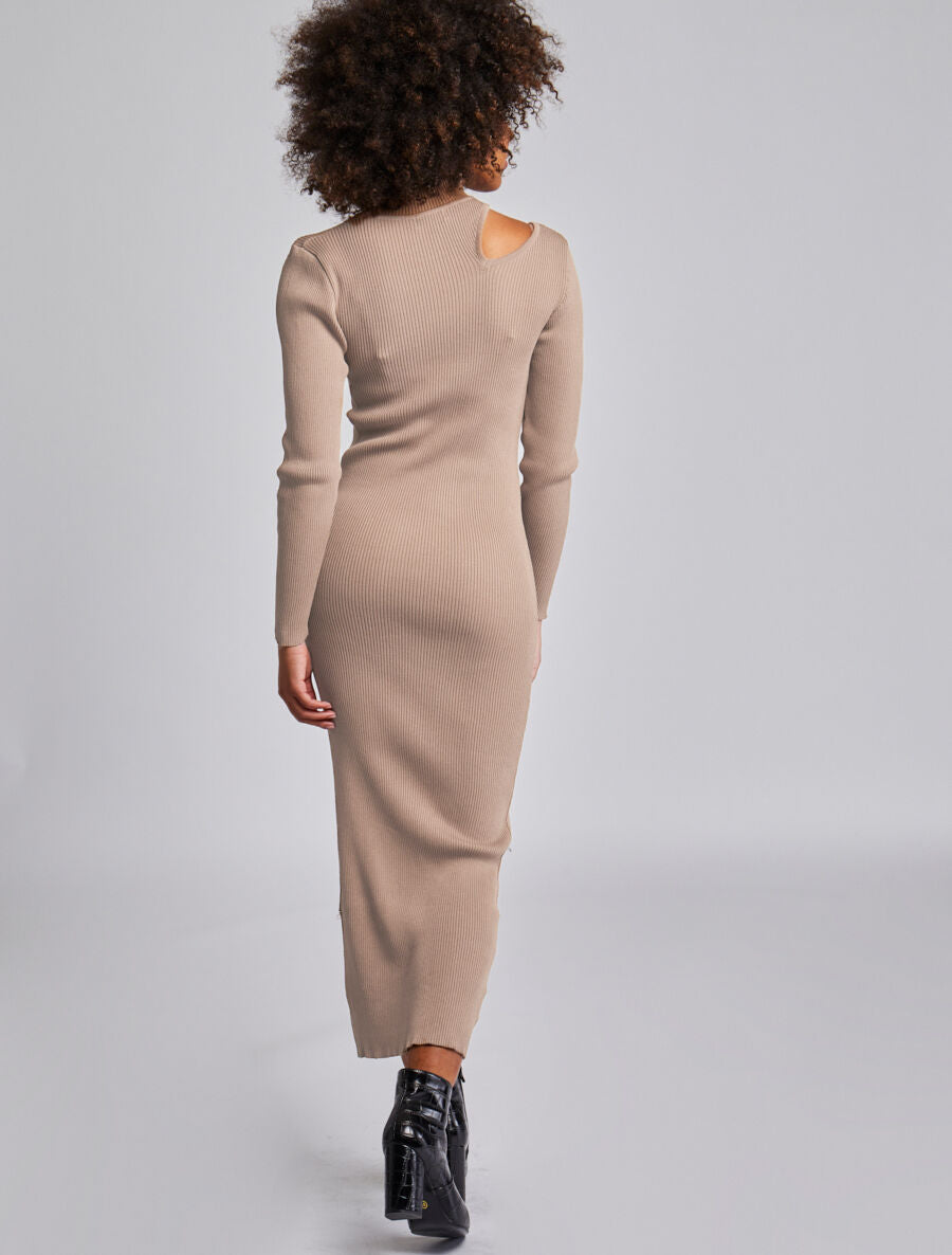 Robe pull côtelée et moulante à décolleté asymétrique - Beige - 5