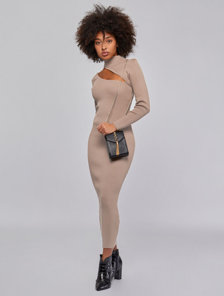 Robe pull côtelée et moulante à décolleté asymétrique - Beige - 7