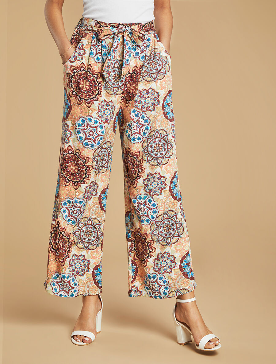 Pantalon élastiqué à imprimé foulard - Beige - 4