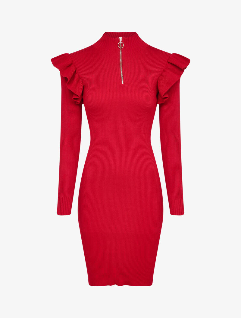 Robe pull à col zippé et épaules volantées - Rouge - 1