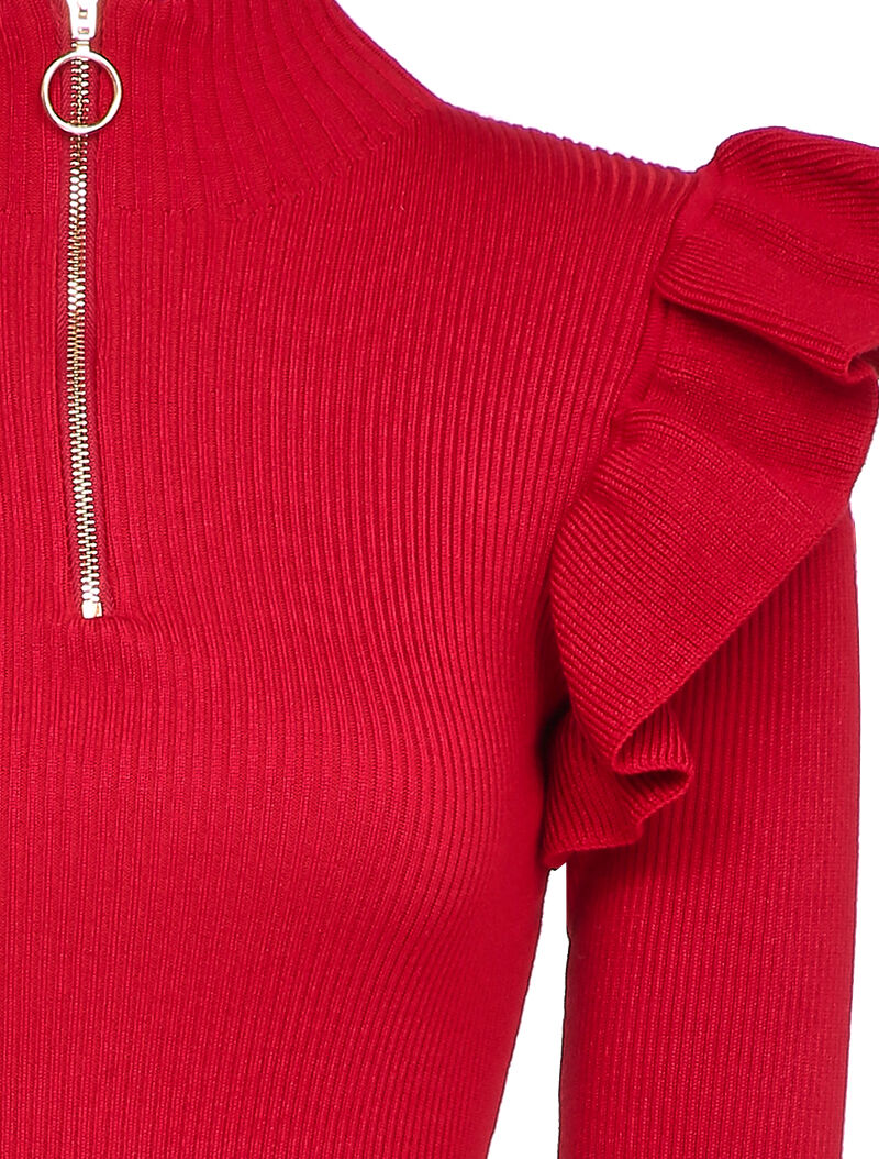 Robe pull à col zippé et épaules volantées - Rouge - 3