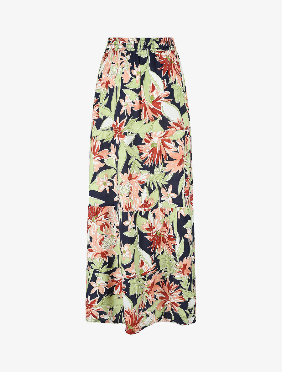 Jupe longue à taille élastiquée à imprimé fleuri - Marine - 2