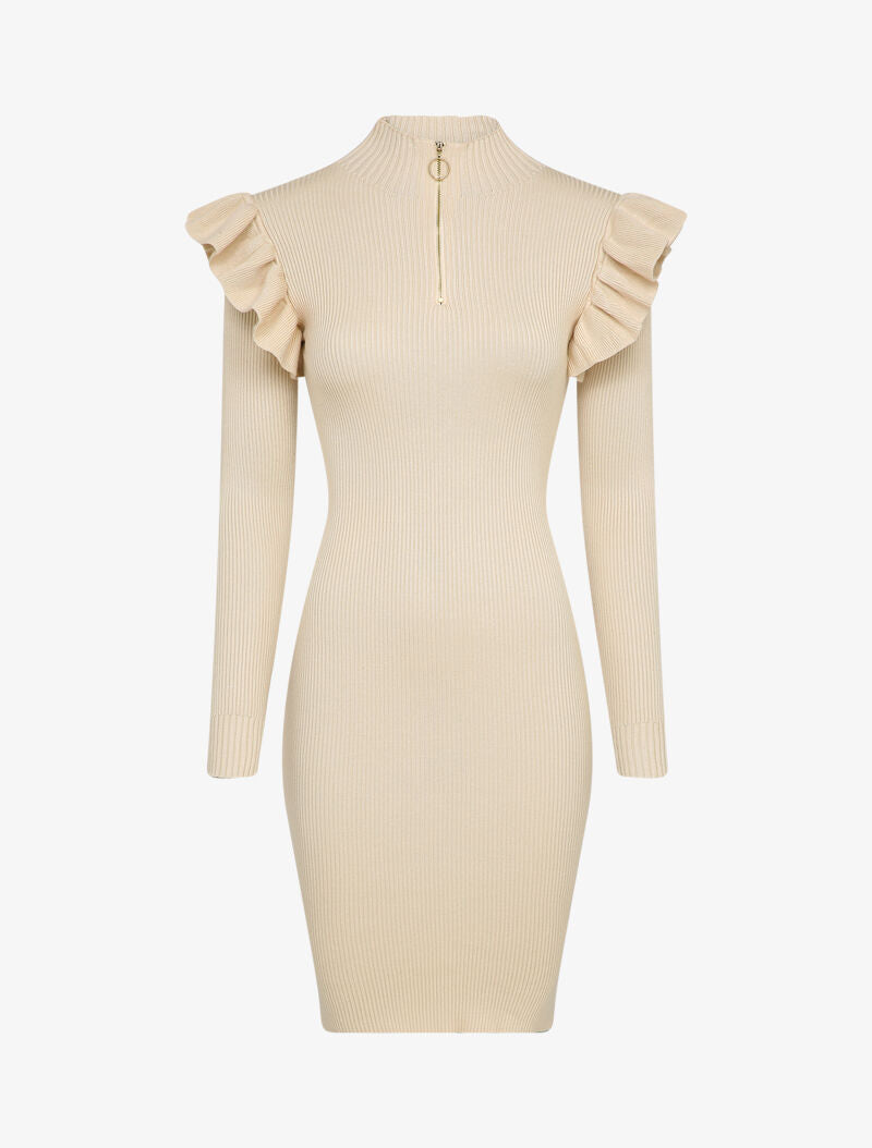 Robe pull à col zippé et épaules volantées - Beige - 1
