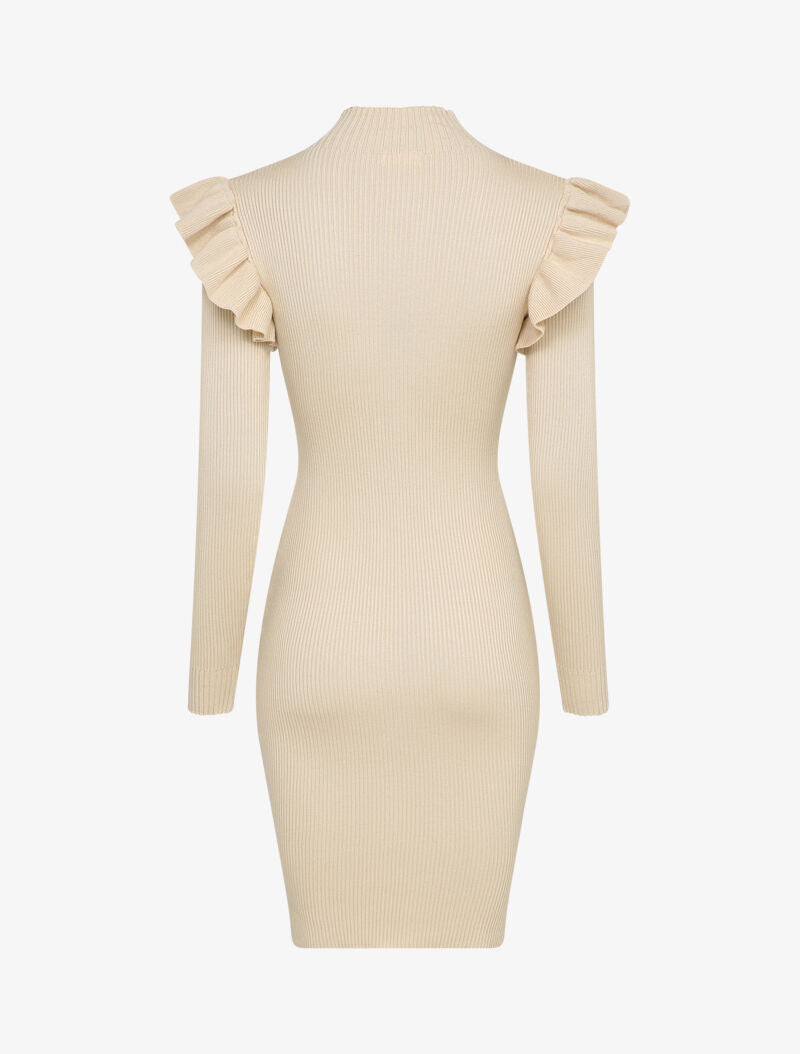 Robe pull à col zippé et épaules volantées - Beige - 2