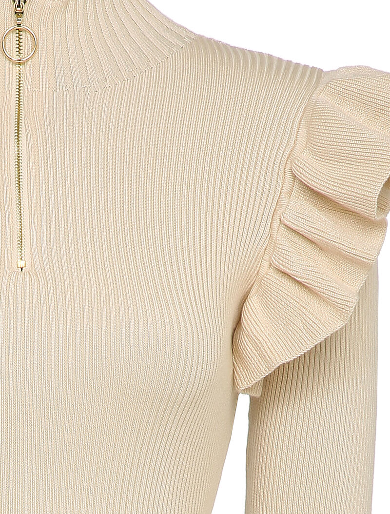 Robe pull à col zippé et épaules volantées - Beige - 3