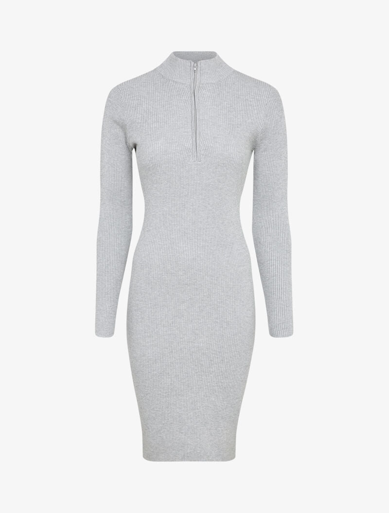 Robe pull côtelée à col montant zippé - Gris - 1