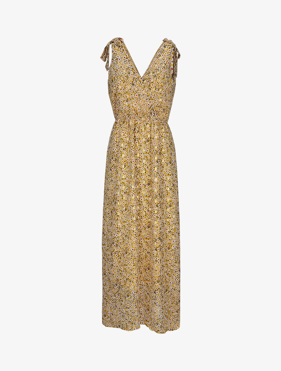 Robe bretelles à noeud imprimé marguerites - Jaune - 4