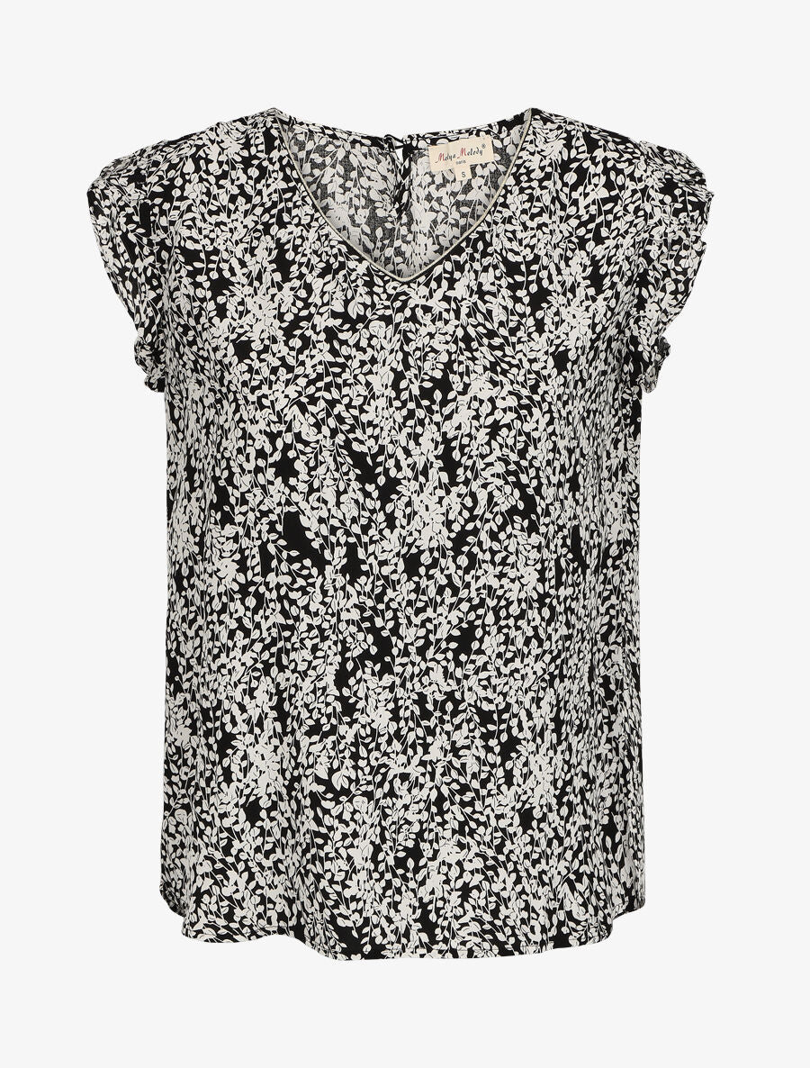 Blouse à imprimé feuillage et manches volantées - Noir - 4