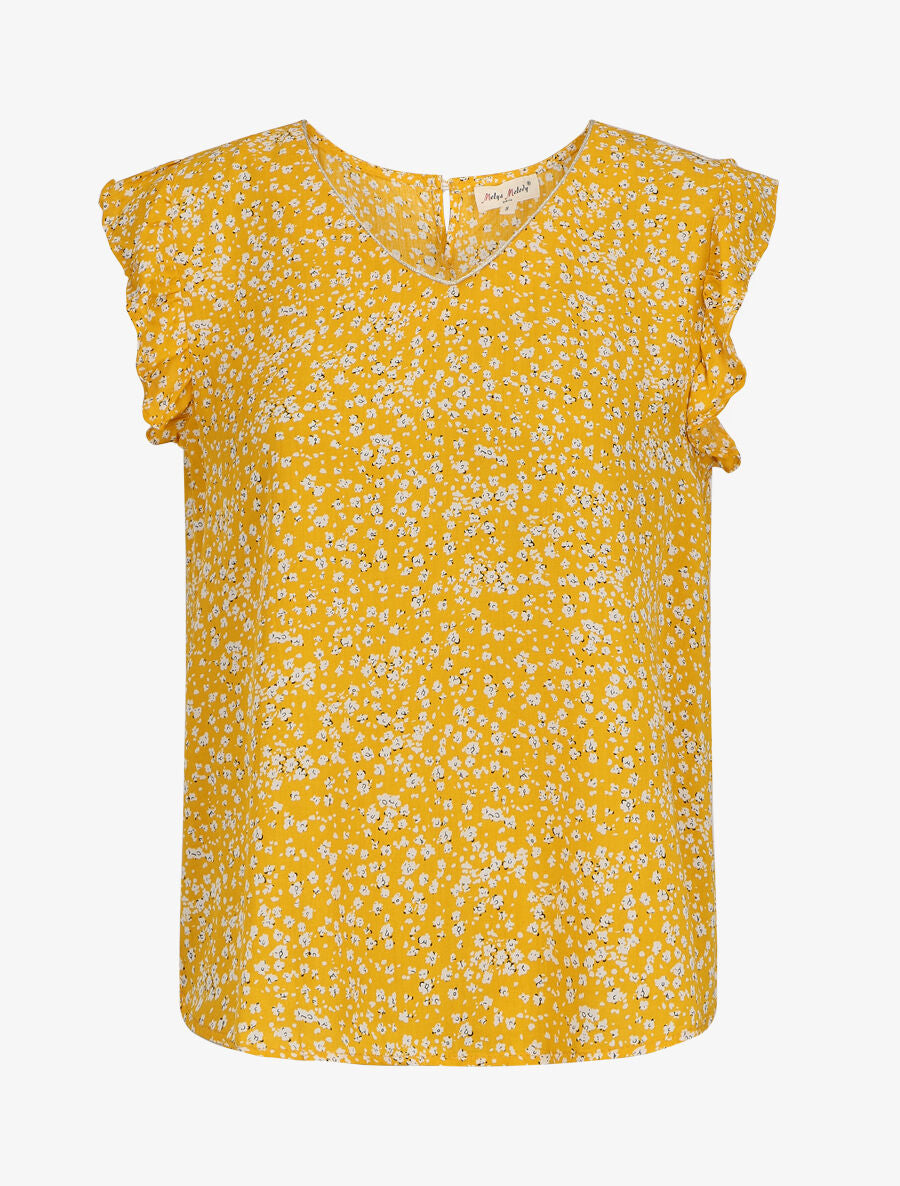 Blouse à imprimé petites fleurs et manches volantées - Jaune - 1