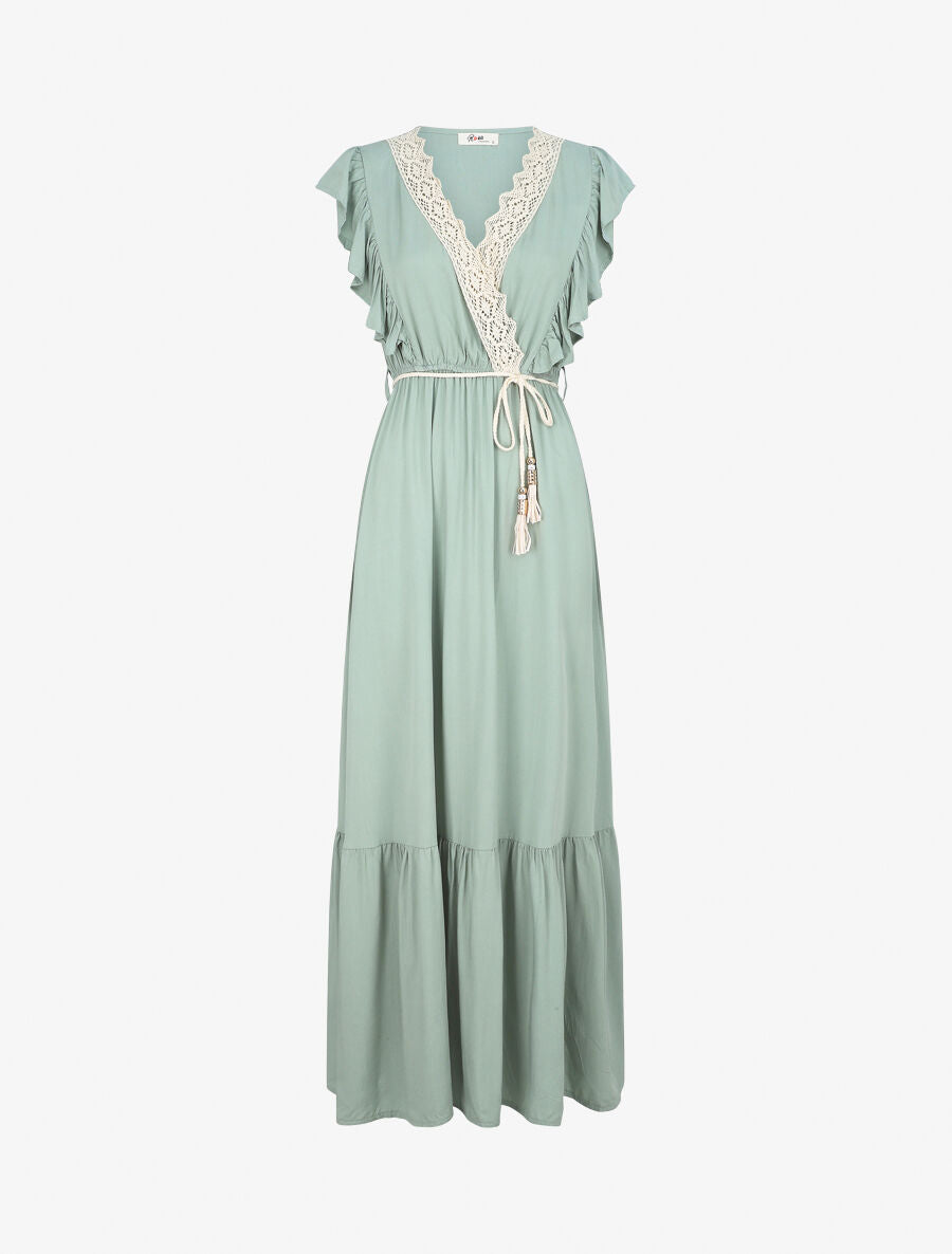 Robe longue coupe empire à détail dentelle - Vert d&
