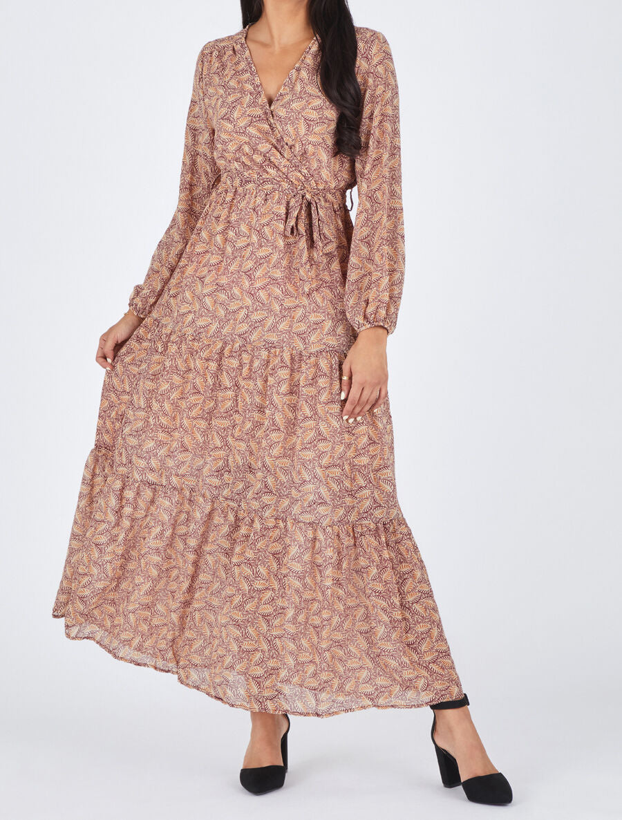 Robe longue en voile imprimé feuilles stylisées - Bordeaux - 4