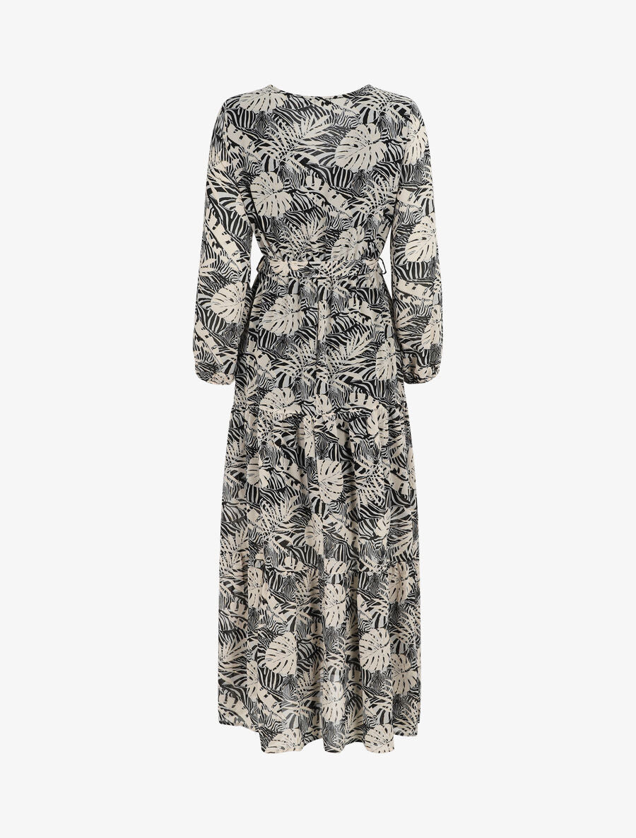 Robe longue en voile imprimé tropical irisé - Noir - 2