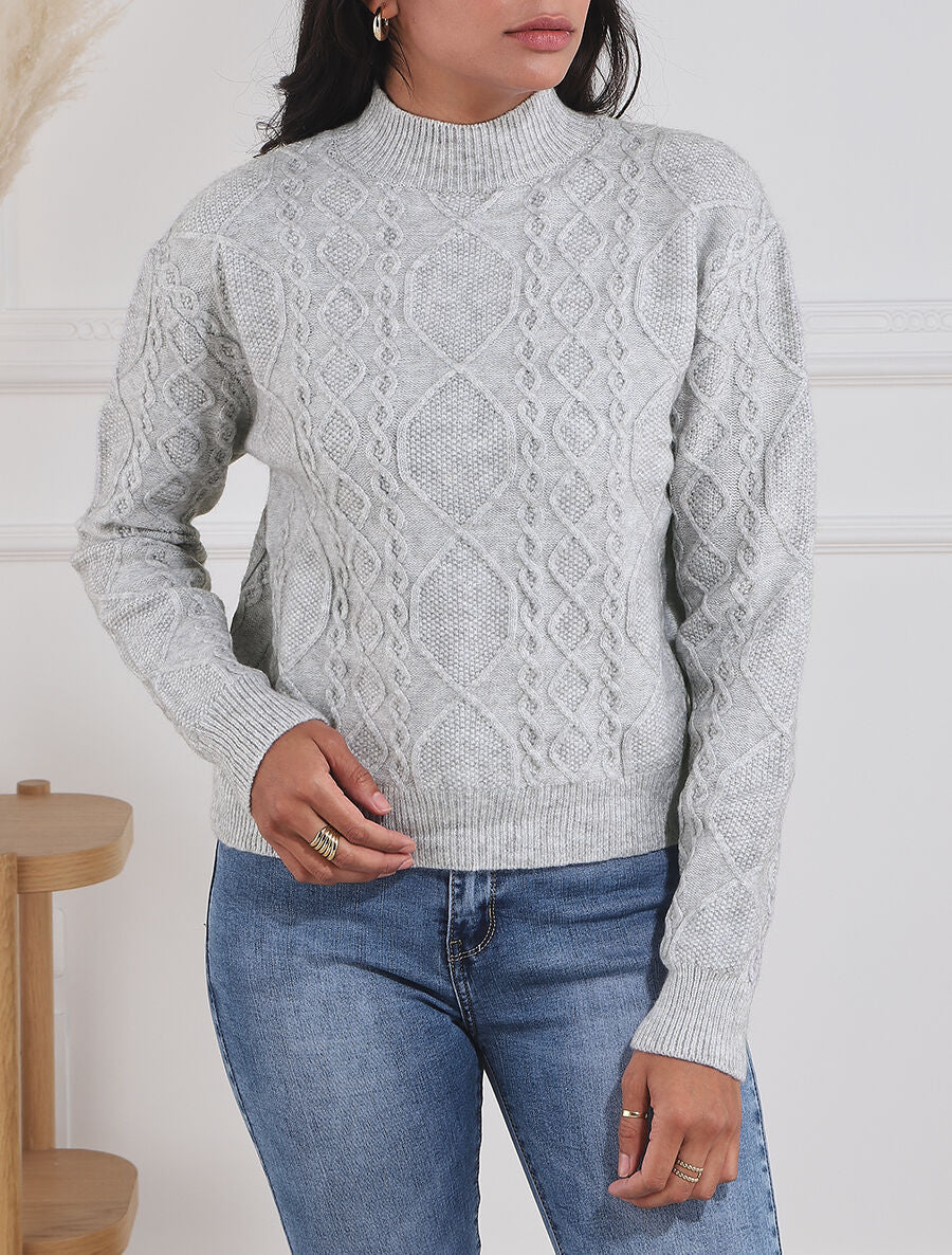 Pull en laine mélangée à motif lignes entrelacées - Gris - 4