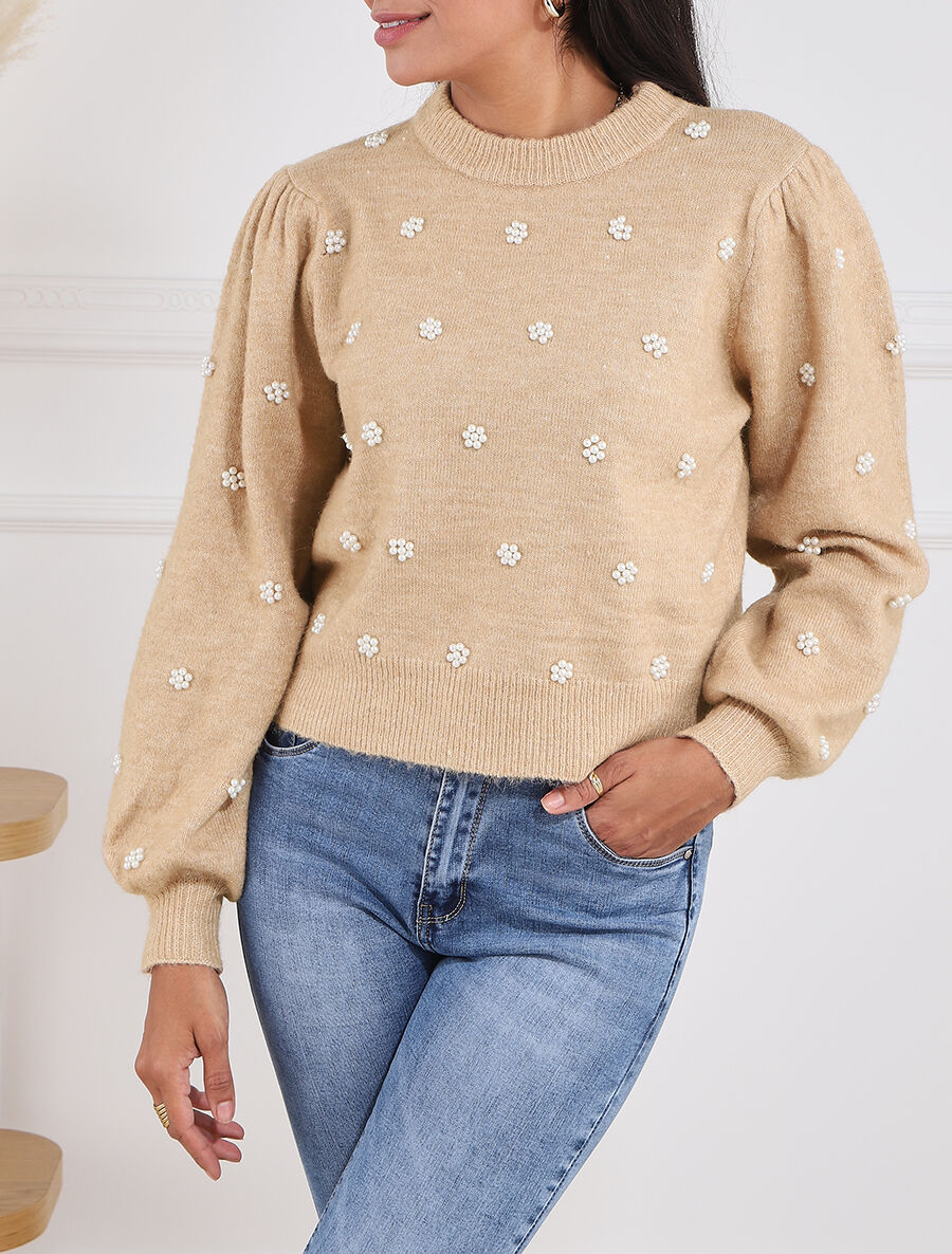 Pull manches ballon et perles - Camel - 4