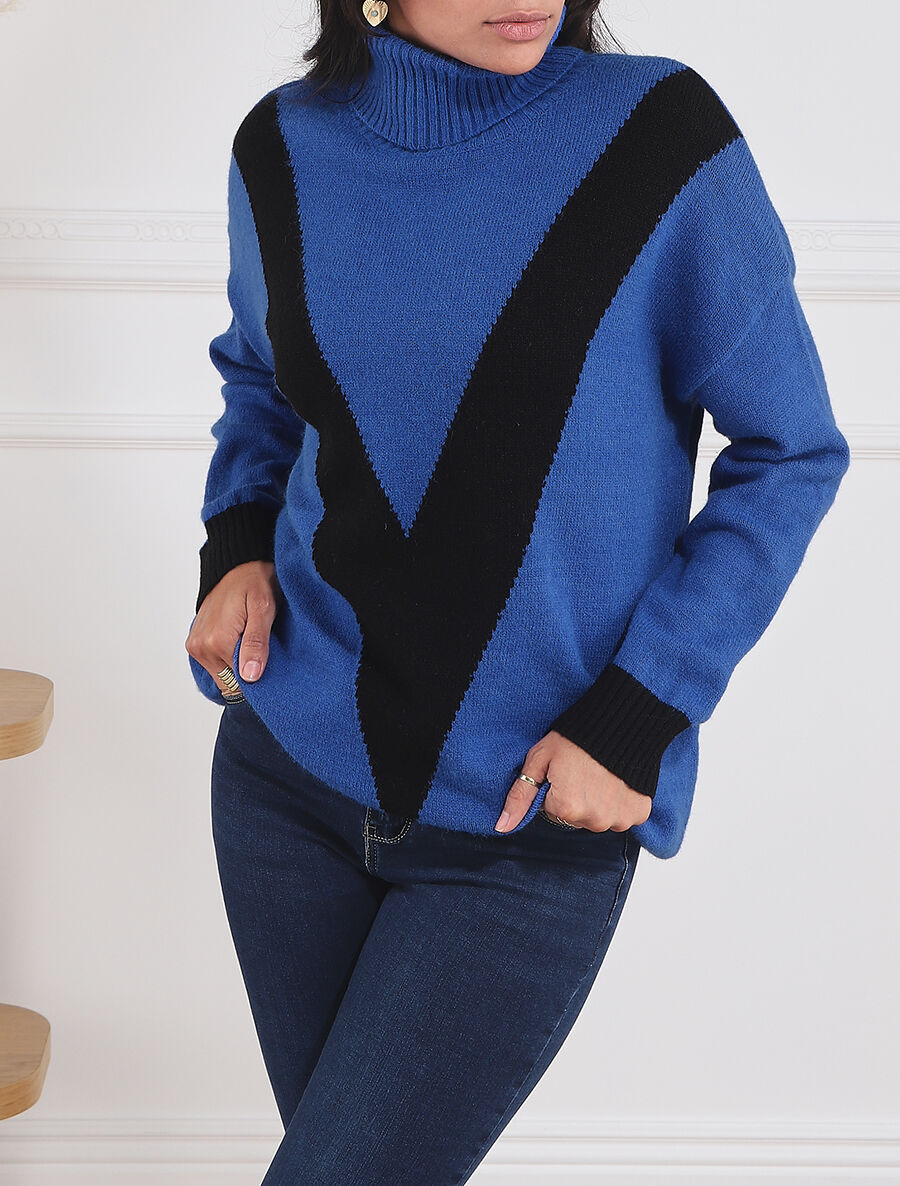 Pull col roulé à motif V - Noir/bleu - 4
