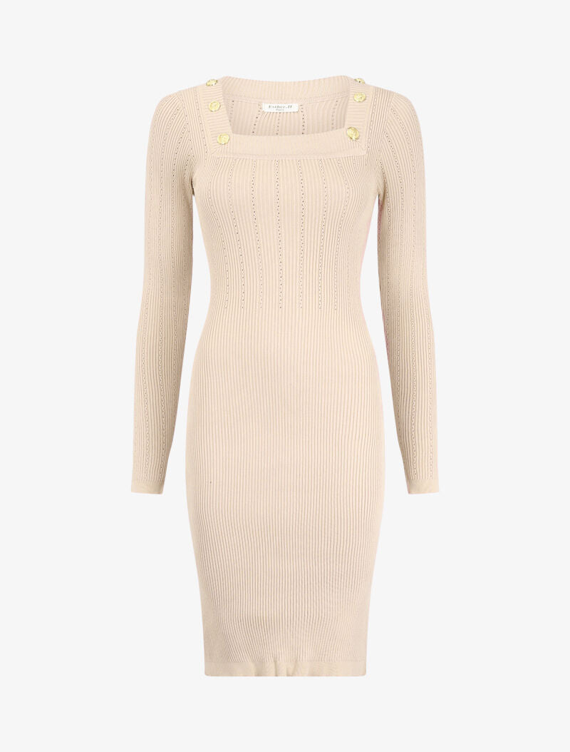 Robe pull côtelée à col carré - Beige - 4