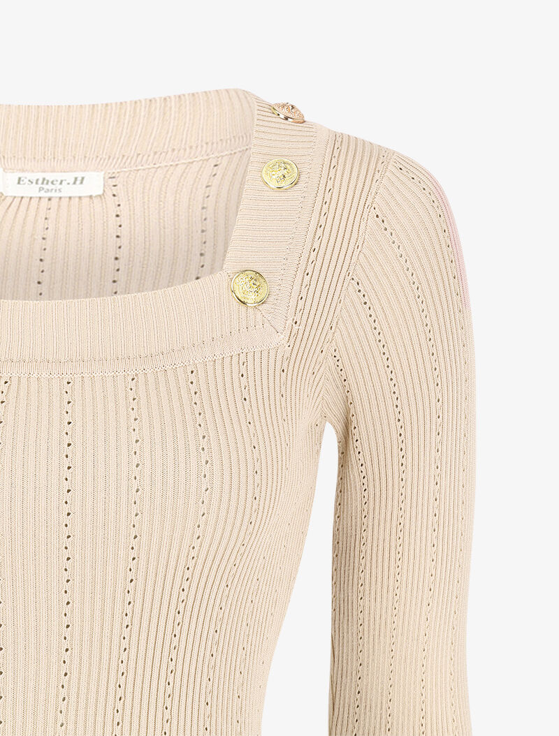 Robe pull côtelée à col carré - Beige - 3