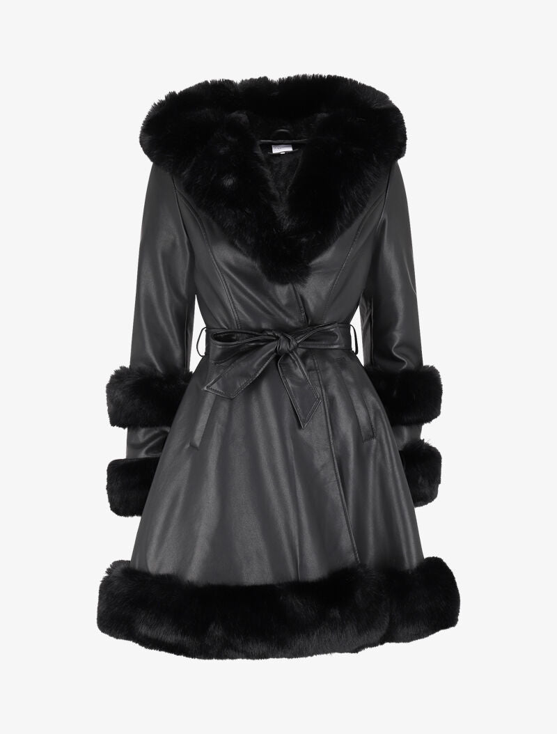 Manteau en simili à capuche et fausse fourrure - Noir - 4