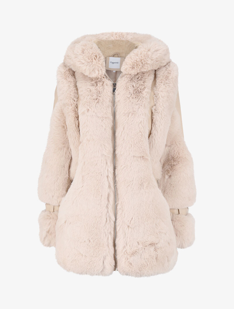 Manteau zippé en simili et fausse fourrure - Beige - 4