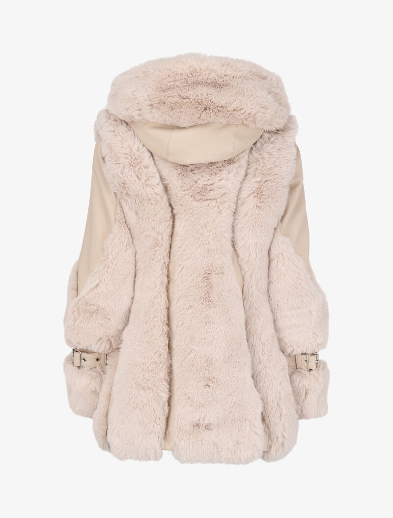 Manteau zippé en simili et fausse fourrure - Beige - 2