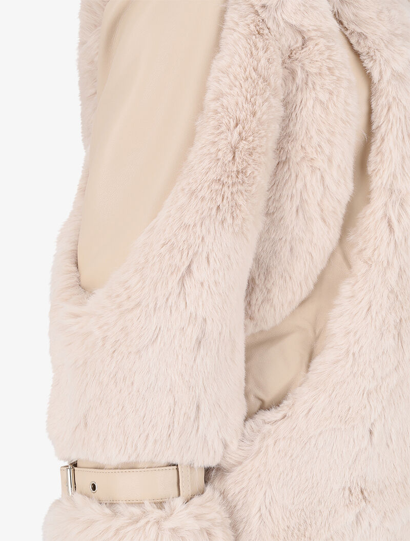 Manteau zippé en simili et fausse fourrure - Beige - 3