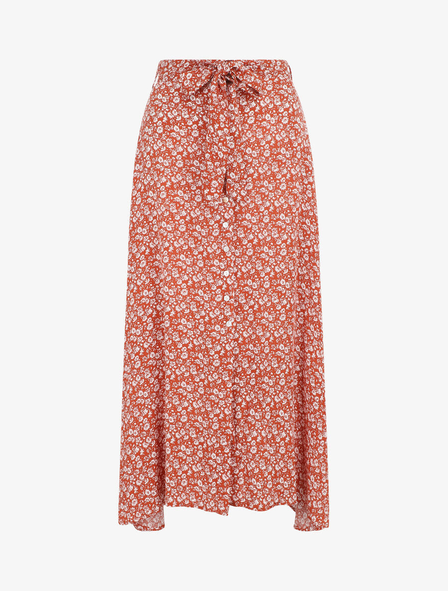 Jupe longue à taille élastiquée imprimé fleuri - Rouge - 1