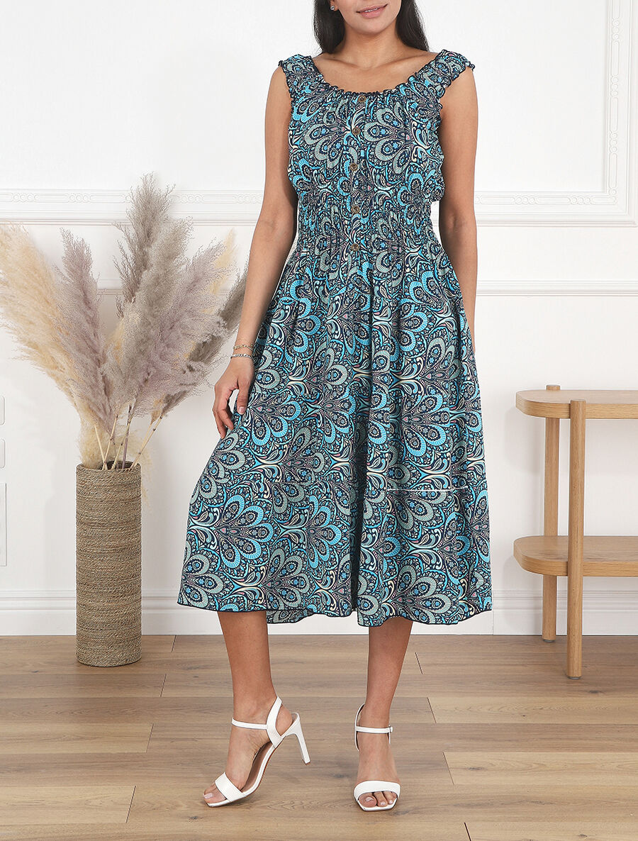 Robe longue sans manches imprimé cachemire - Bleu - 4