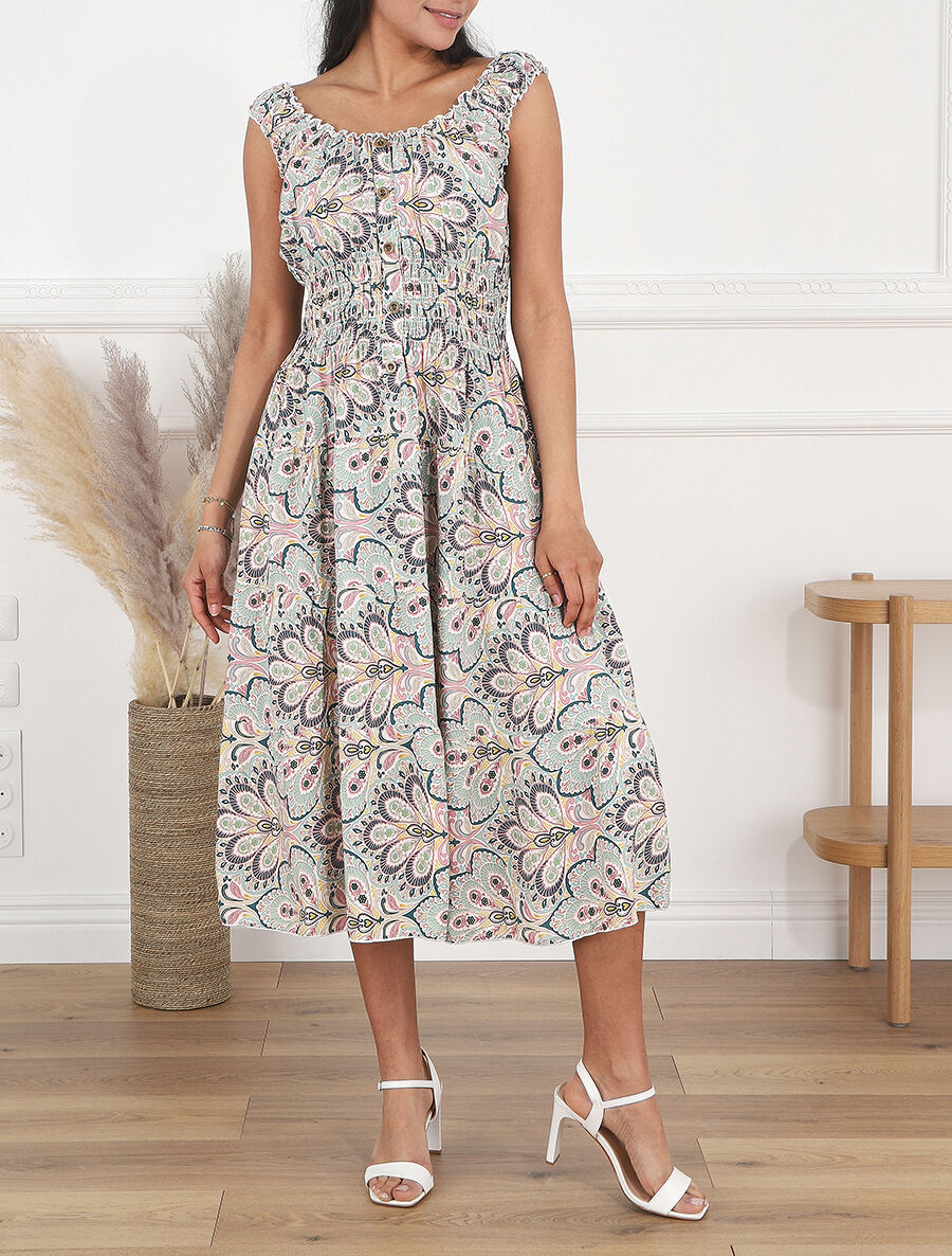 Robe longue sans manches imprimé cachemire - Vert d&