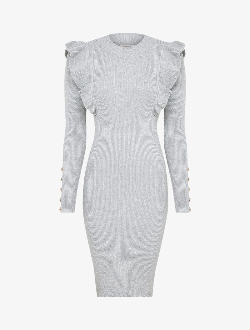 Robe côtelée à épaules volantées - Gris - 5