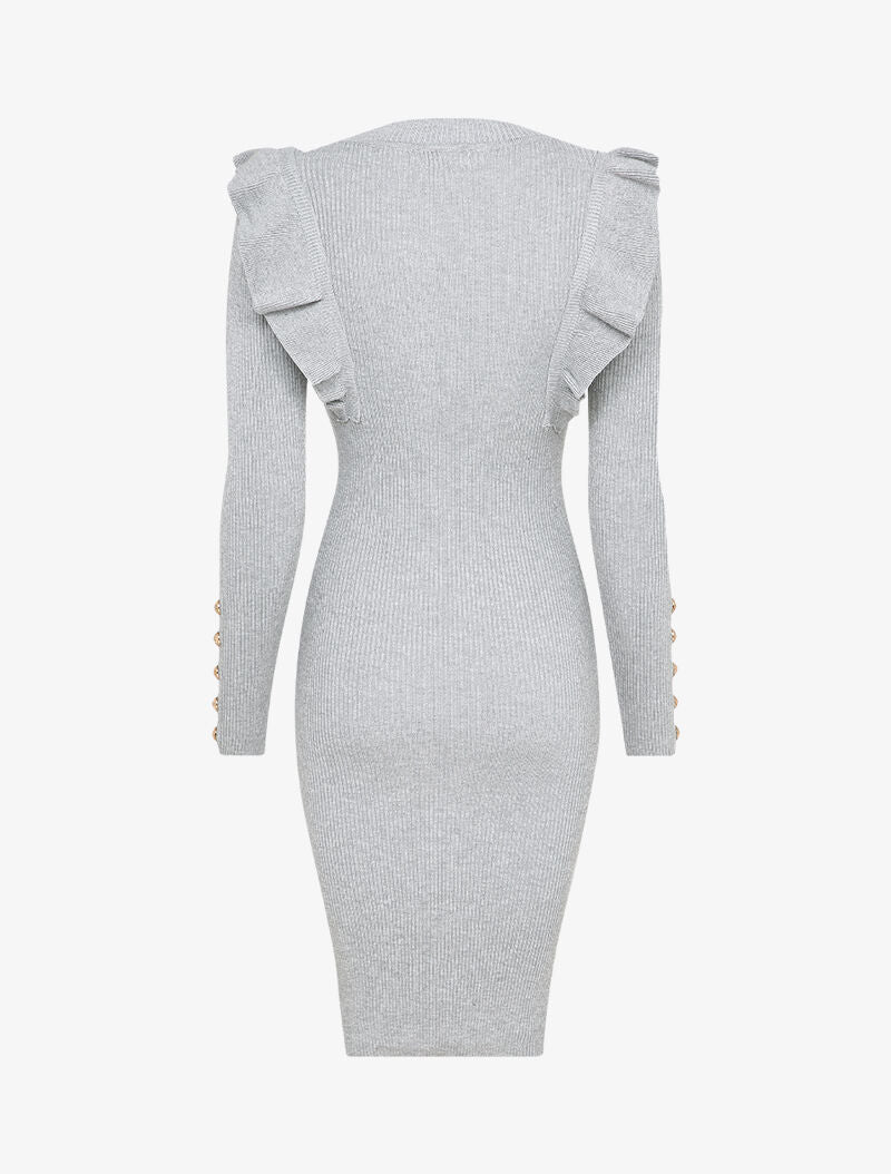 Robe côtelée à épaules volantées - Gris - 2