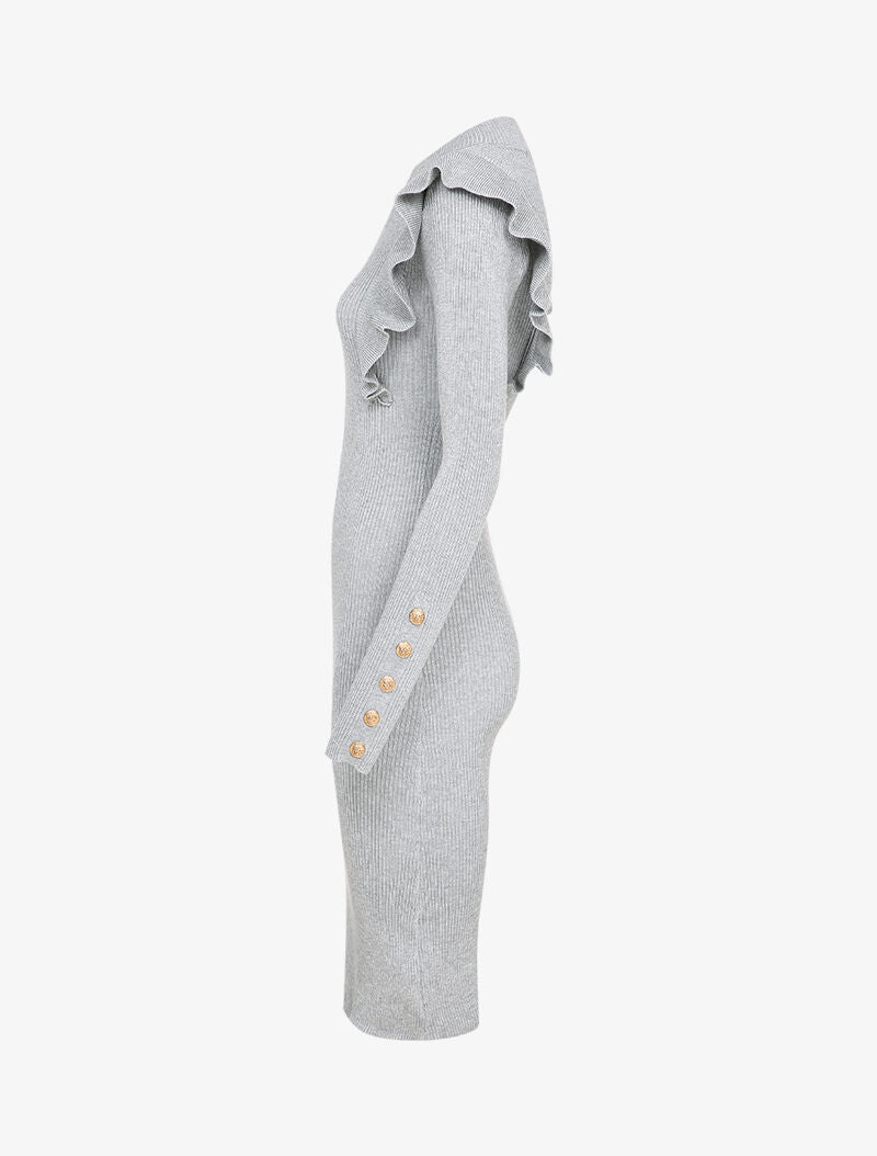 Robe côtelée à épaules volantées - Gris - 3