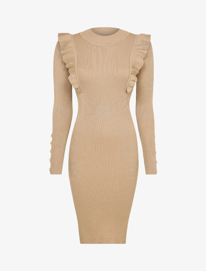 Robe côtelée à épaules volantées - Beige - 5