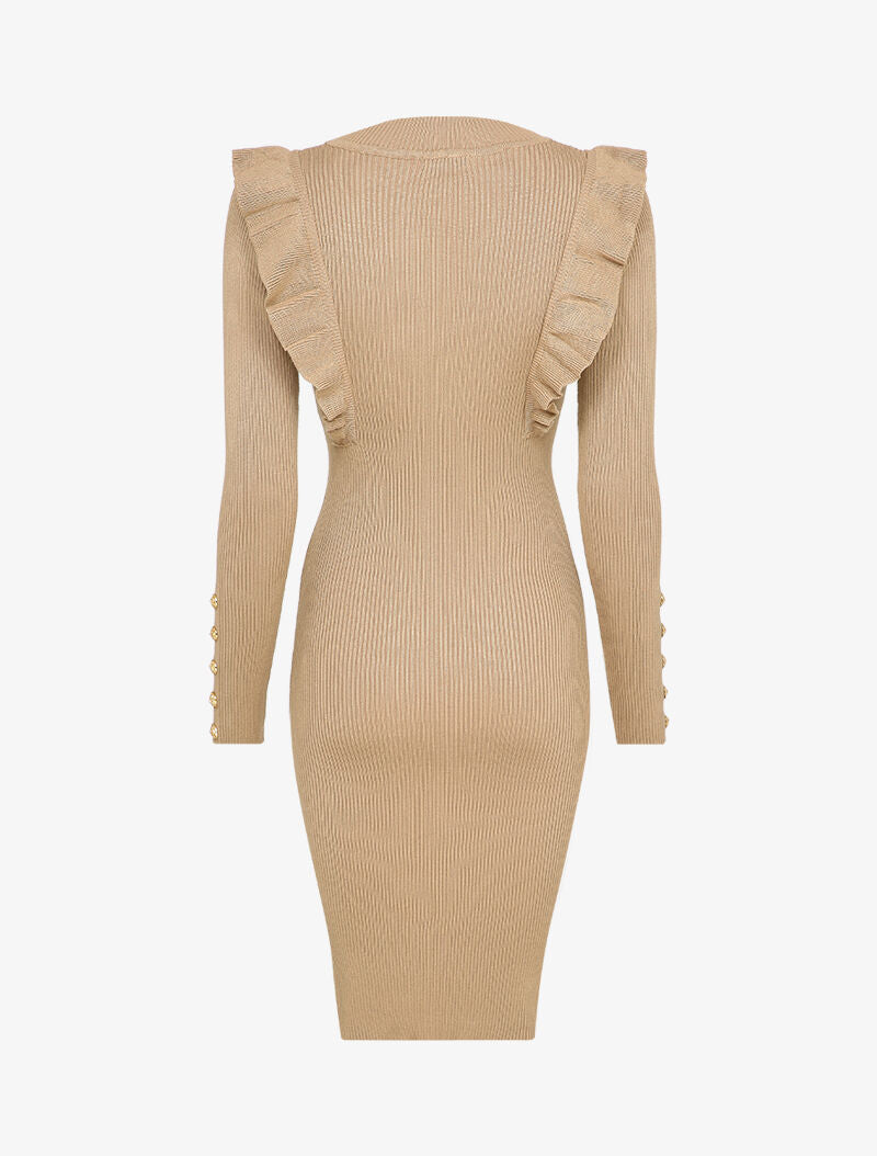 Robe côtelée à épaules volantées - Beige - 2