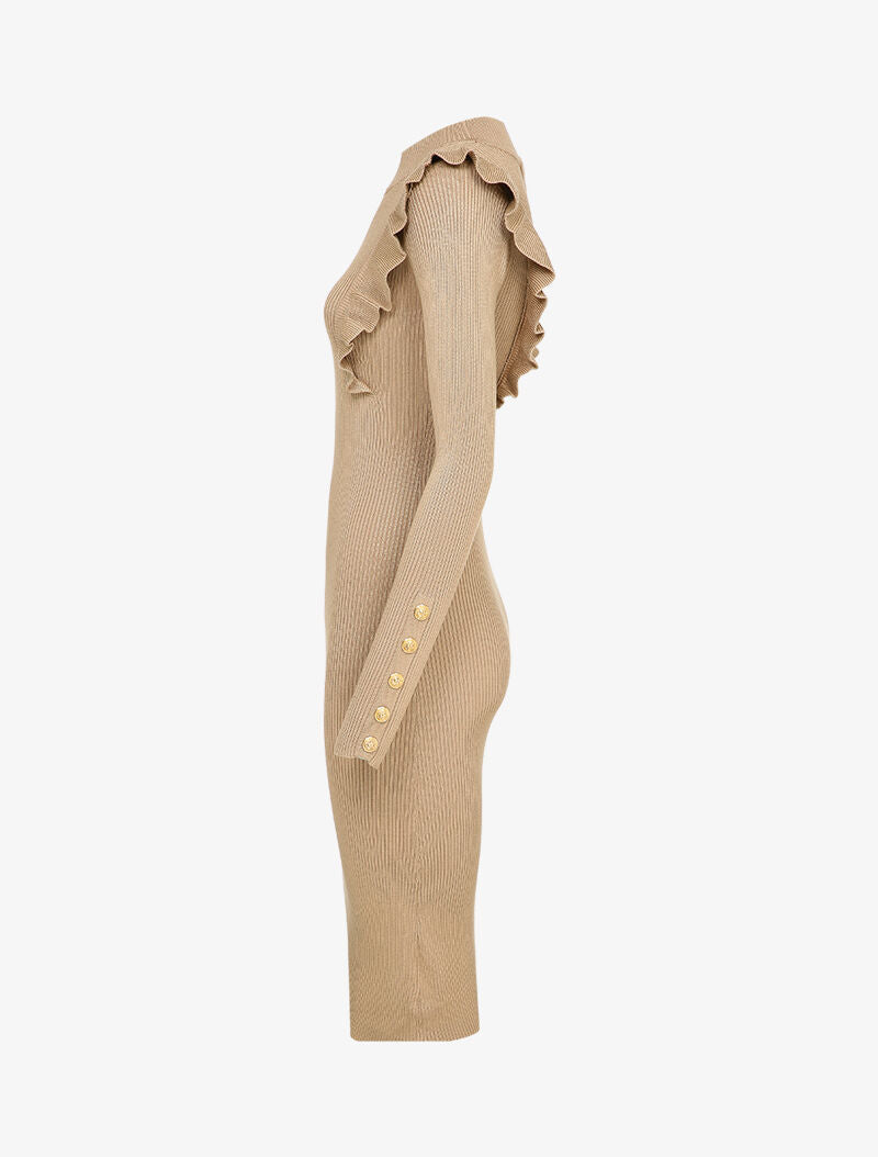 Robe côtelée à épaules volantées - Beige - 3