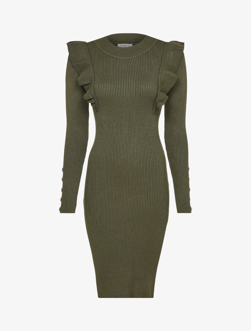 Robe côtelée à épaules volantées - Kaki - 5