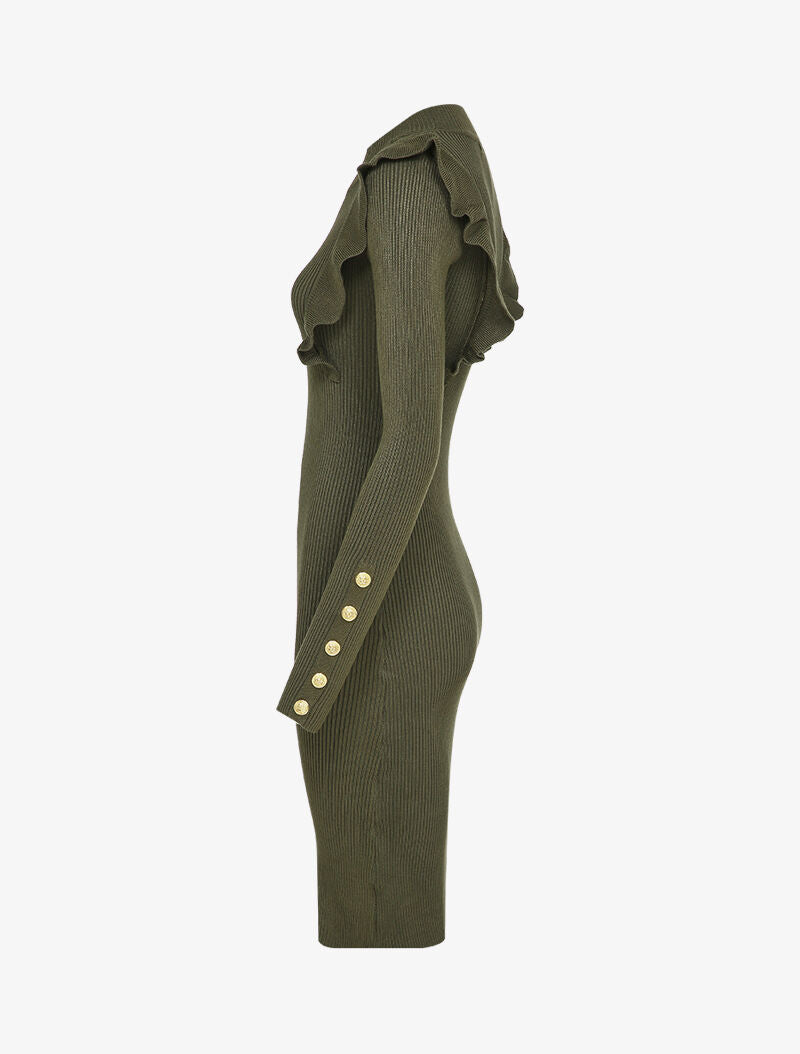 Robe côtelée à épaules volantées - Kaki - 3