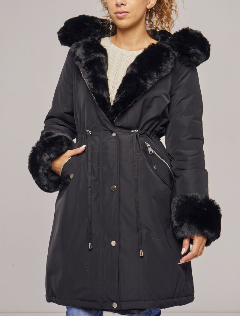 Parka à bords en fourrure synthétique amovible - Noir - 4