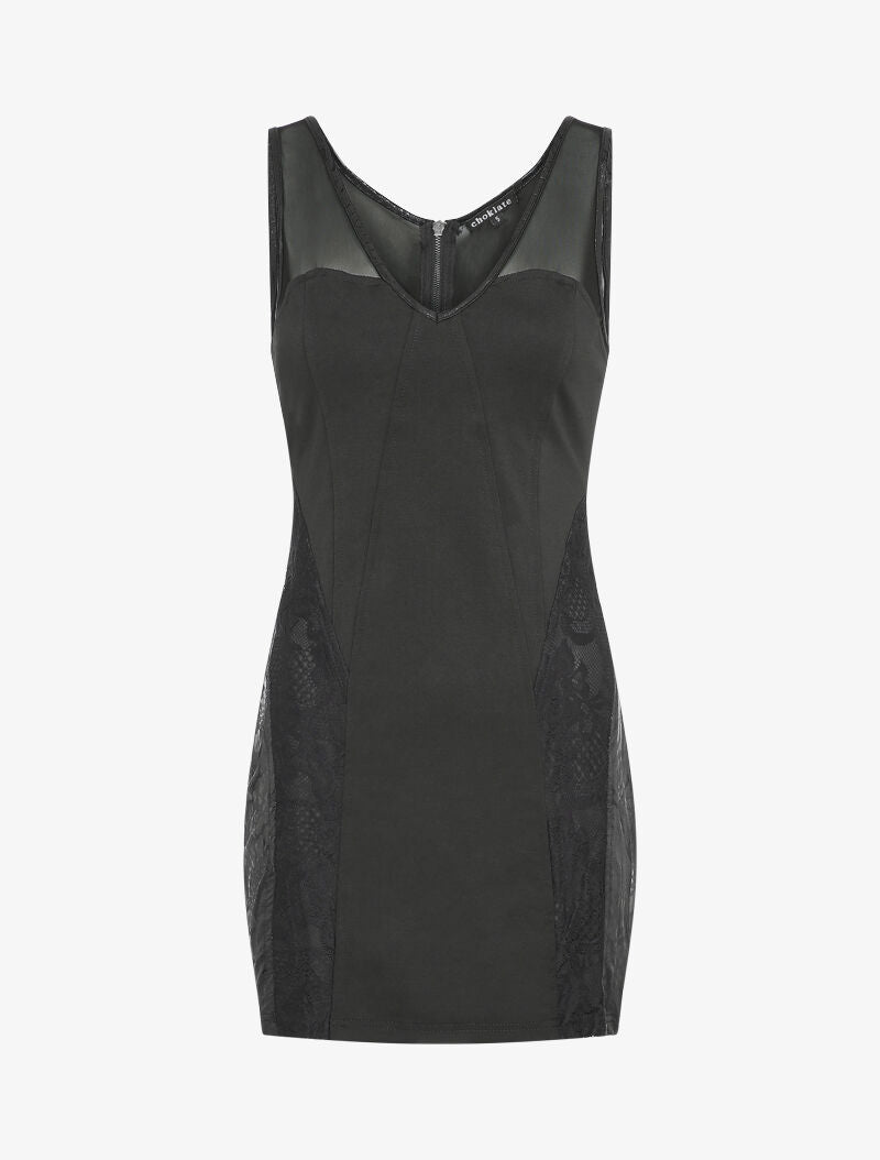 Robe moulante à détail dentelle transparente - Noir - 1