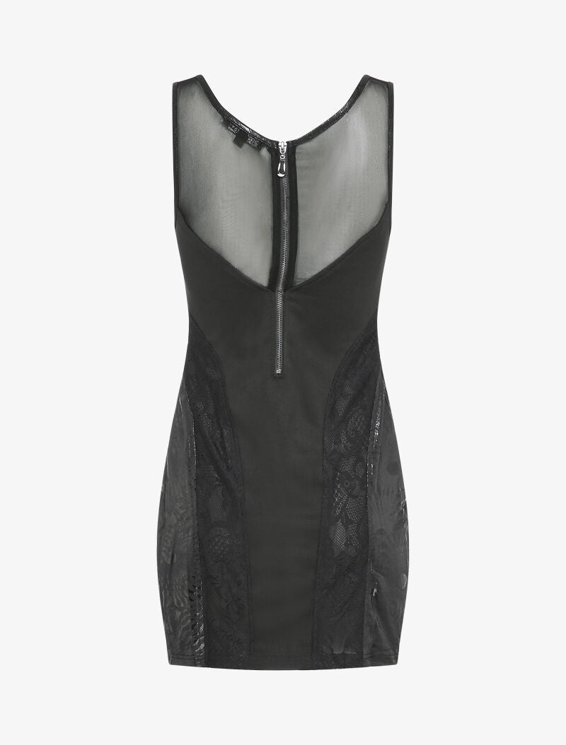 Robe moulante à détail dentelle transparente - Noir - 2