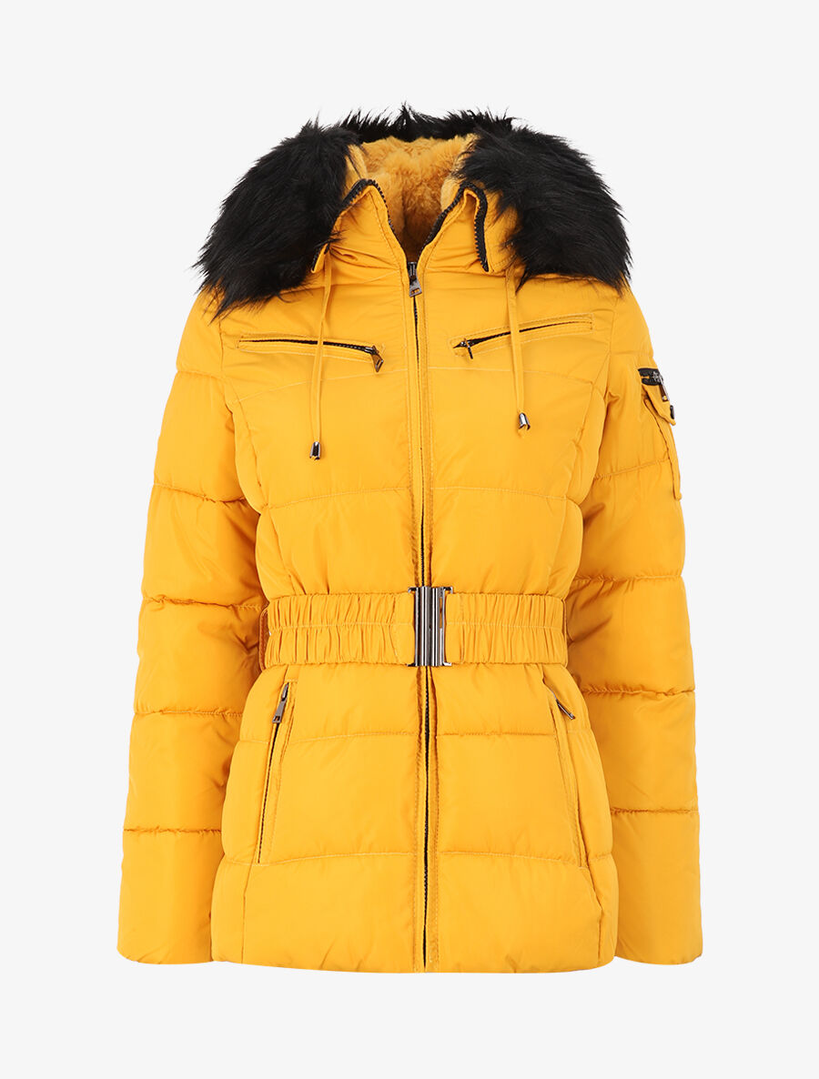 Doudoune à poches zippées et capuche à détail fausse fourrure - Jaune - 1