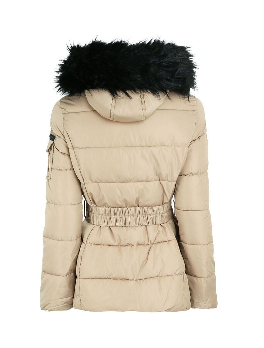 Doudoune à poches zippées et capuche à détail fausse fourrure - Beige - 2