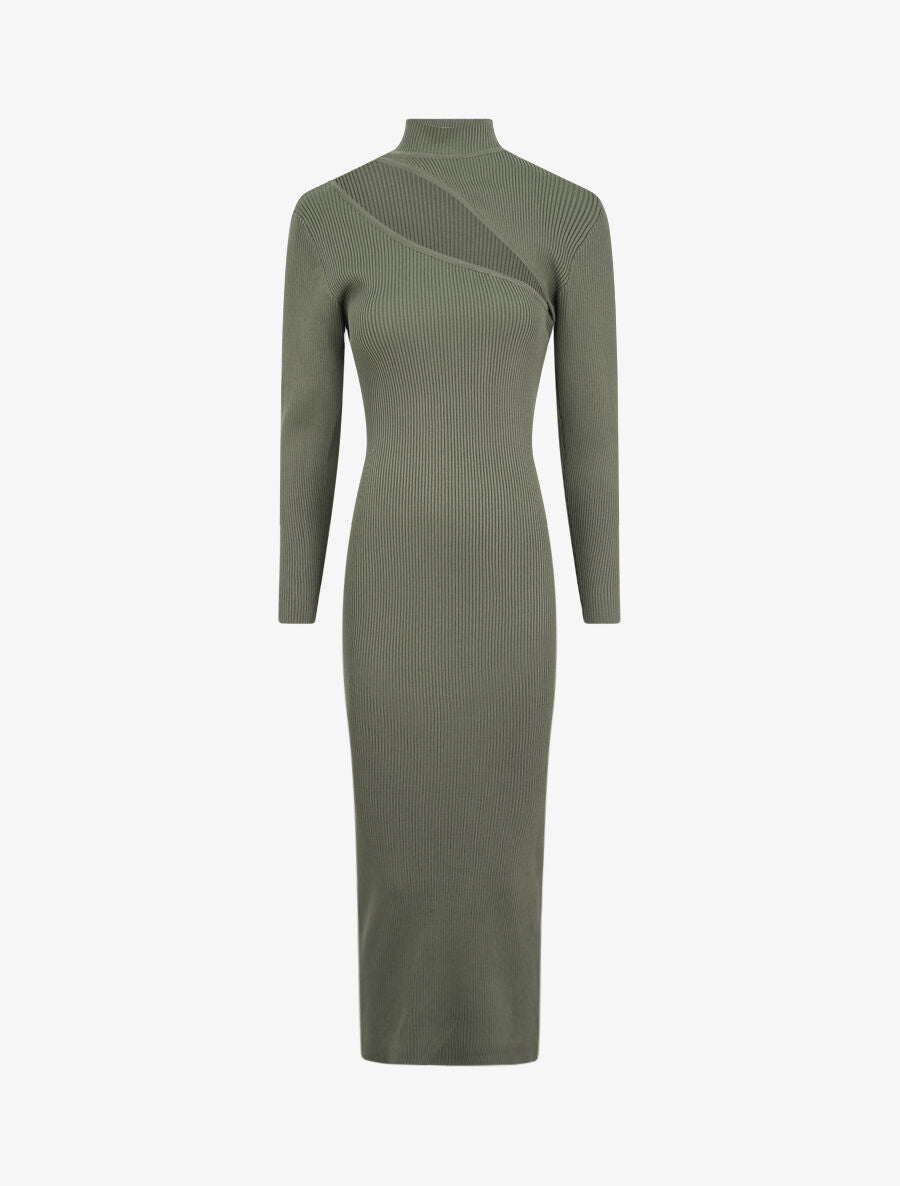 Robe pull côtelée et moulante à décolleté asymétrique - Kaki - 1