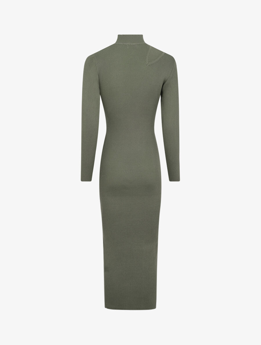 Robe pull côtelée et moulante à décolleté asymétrique - Kaki - 2