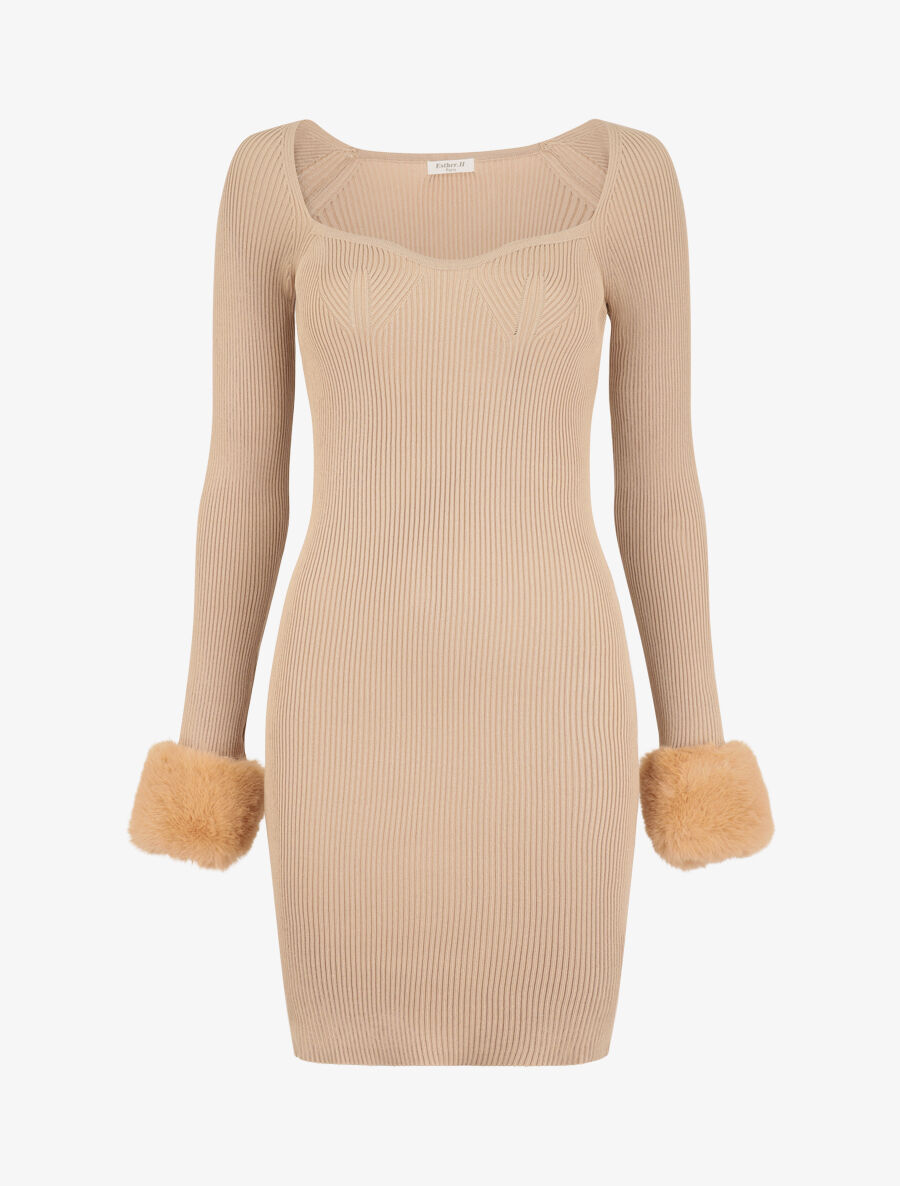 Robe pull à encolure coeur et poignets en fausse fourrure - Beige - 1