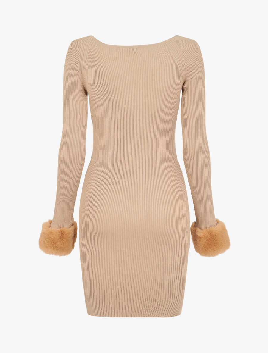 Robe pull à encolure coeur et poignets en fausse fourrure - Beige - 2