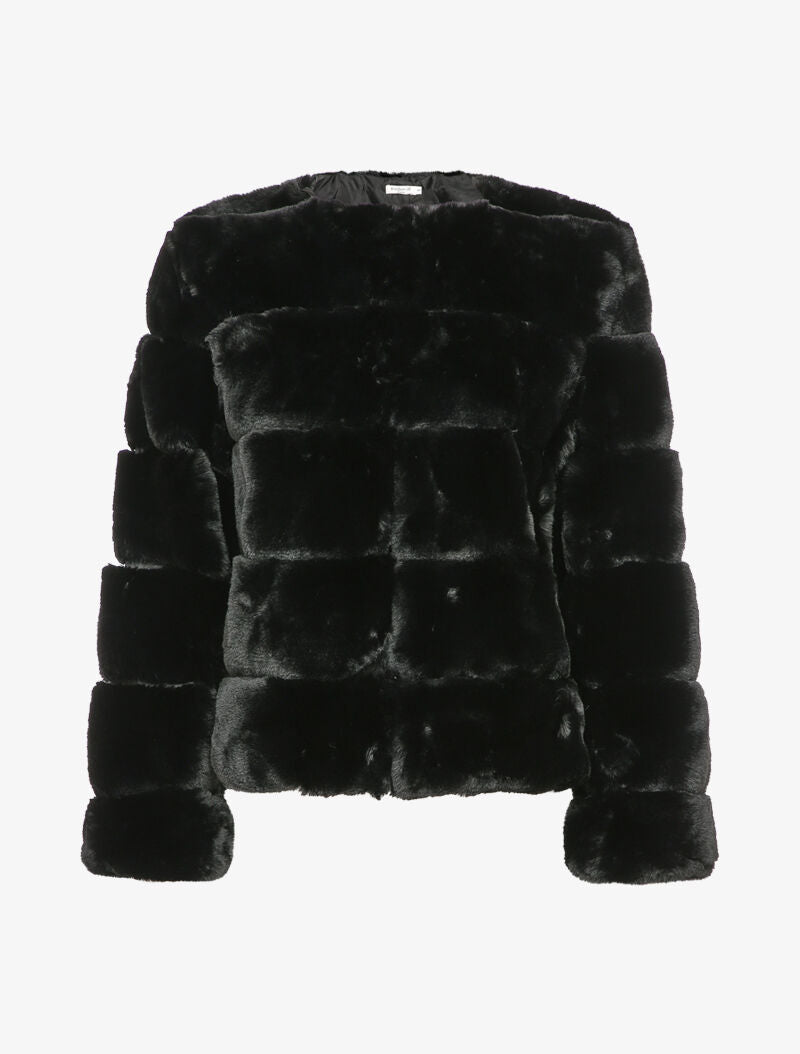 Manteau court en fausse fourrure à col rond - Noir - 1