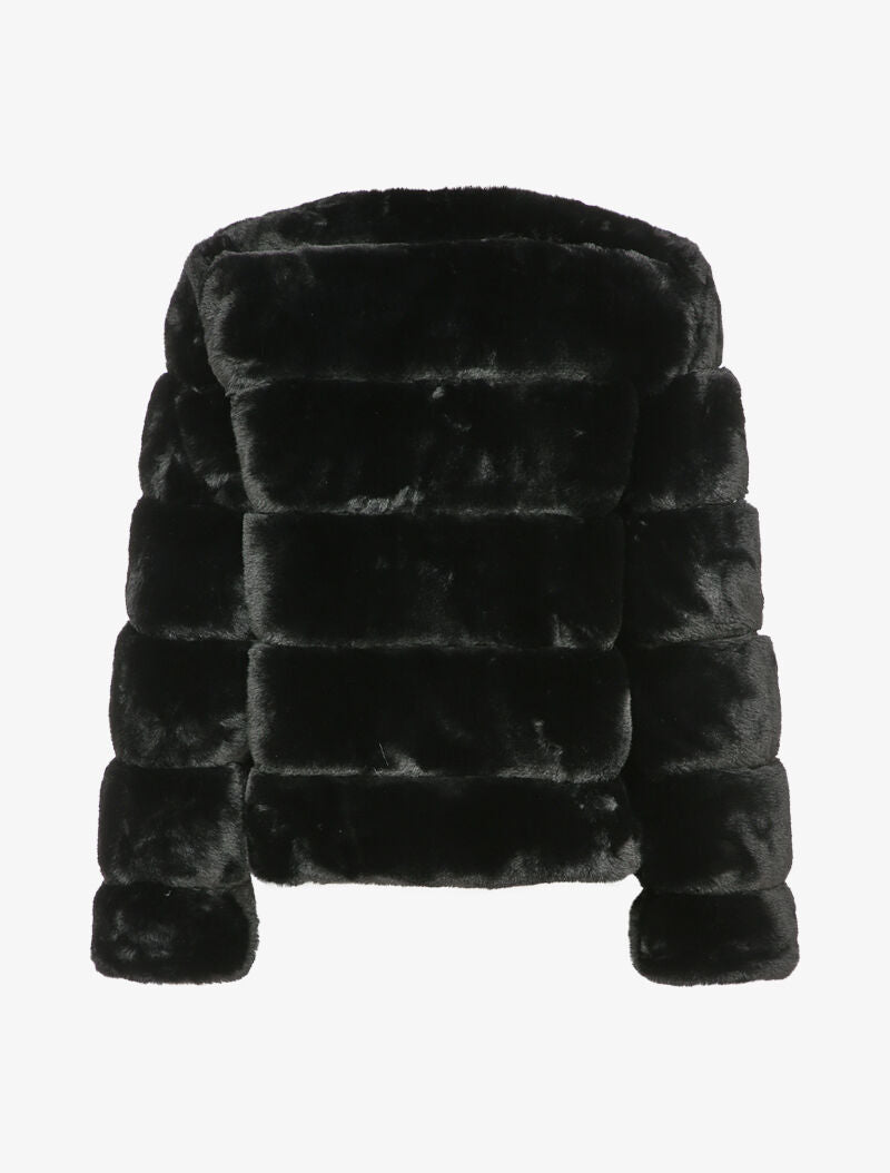 Manteau court en fausse fourrure à col rond - Noir - 2